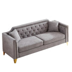 Canapé 3 places capitonné en chenille gris 61,5 avec accoudoirs cloutés couleur cuivre, 2 coussins