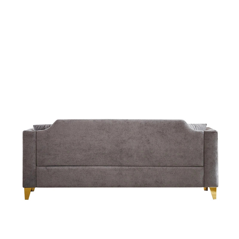 Canapé 3 places capitonné en chenille gris 61,5 avec accoudoirs cloutés couleur cuivre, 2 coussins