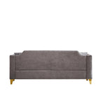 Canapé 3 places capitonné en chenille gris 61,5 avec accoudoirs cloutés couleur cuivre, 2 coussins