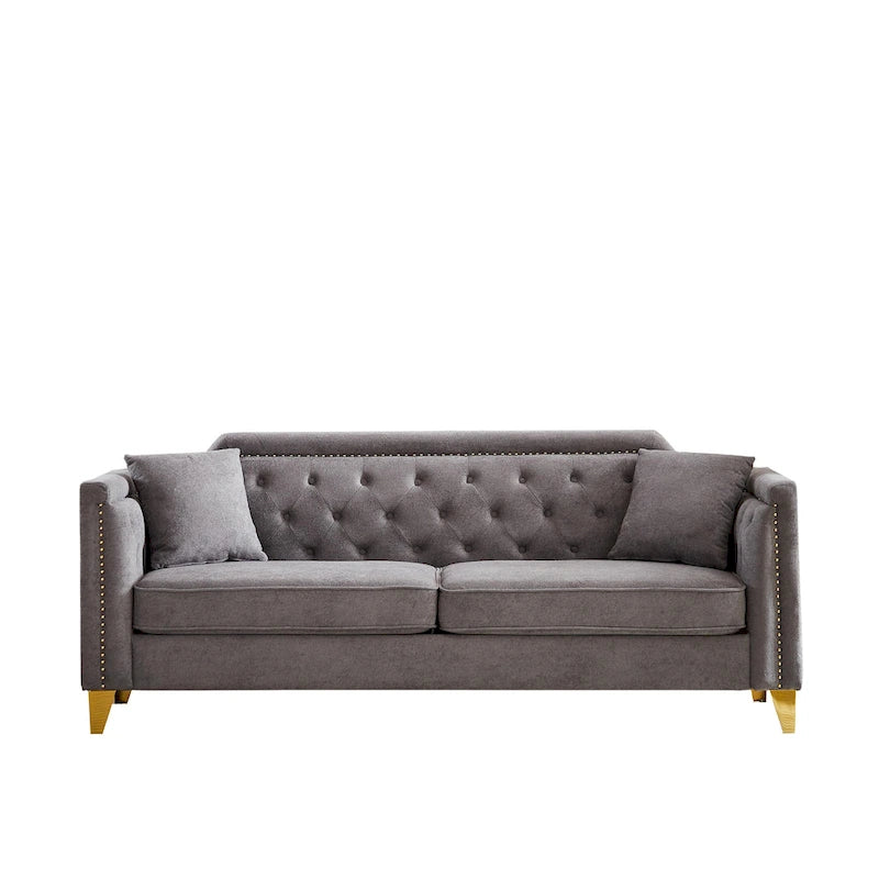 Canapé 3 places capitonné en chenille gris 61,5 avec accoudoirs cloutés couleur cuivre, 2 coussins
