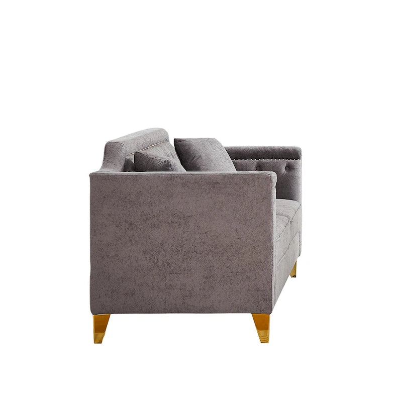 Canapé 3 places capitonné en chenille gris 61,5 avec accoudoirs cloutés couleur cuivre, 2 coussins