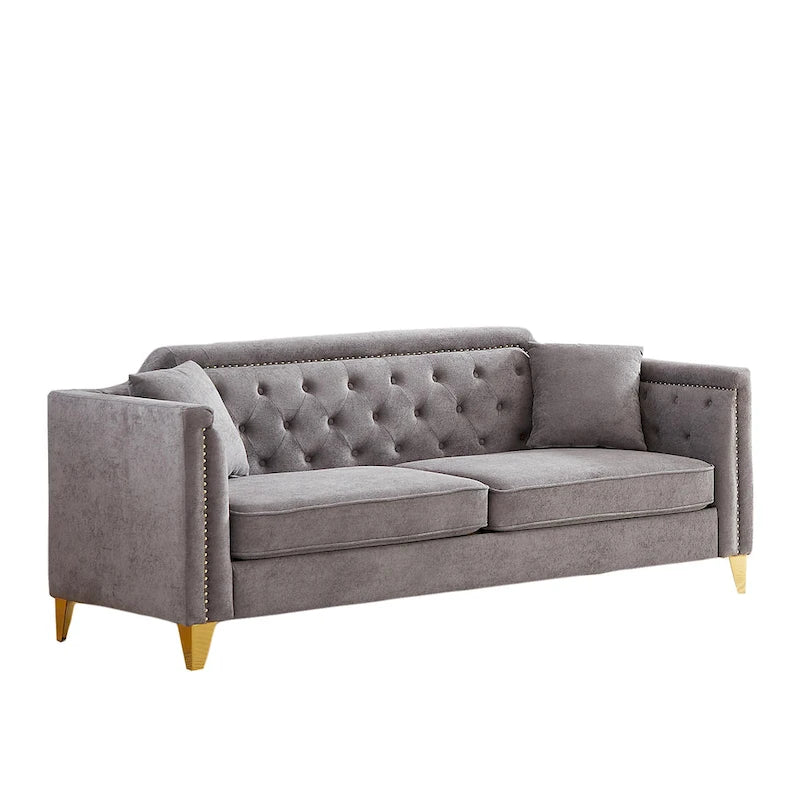 Canapé 3 places capitonné en chenille gris 61,5 avec accoudoirs cloutés couleur cuivre, 2 coussins