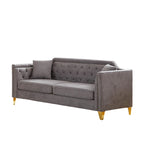 Canapé 3 places capitonné en chenille gris 61,5 avec accoudoirs cloutés couleur cuivre, 2 coussins