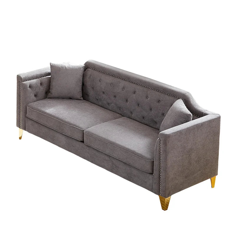 Canapé 3 places capitonné en chenille gris 61,5 avec accoudoirs cloutés couleur cuivre, 2 coussins
