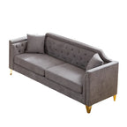 Canapé 3 places capitonné en chenille gris 61,5 avec accoudoirs cloutés couleur cuivre, 2 coussins