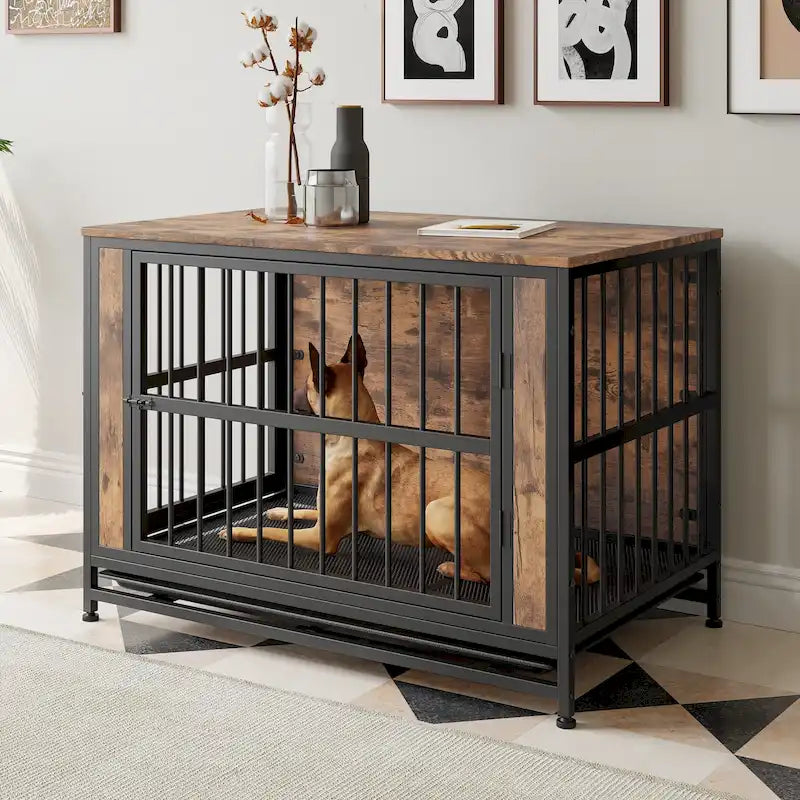 Table de Niche Rustique Marron, 2 Portes Coulissantes, 1 Chien