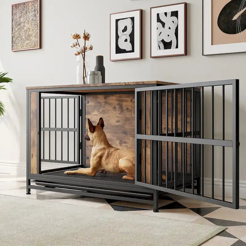 Table de Niche Rustique Marron, 2 Portes Coulissantes, 1 Chien