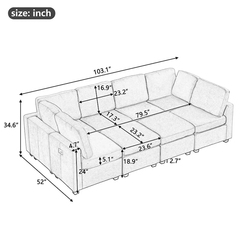 Canapé d'angle modulable gris, 6 places