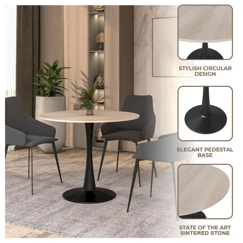 Table à manger ronde sur pied pour 4 personnes – Plateau en pierre frittée, 3 couleurs