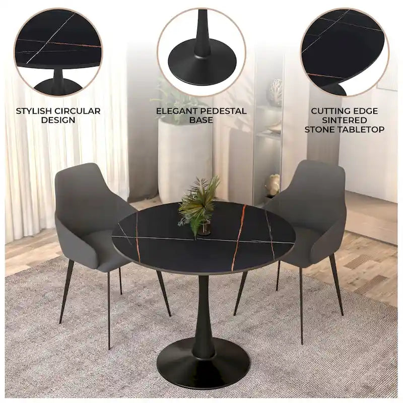 Table à manger ronde sur pied pour 4 personnes – Plateau en pierre frittée, 3 couleurs