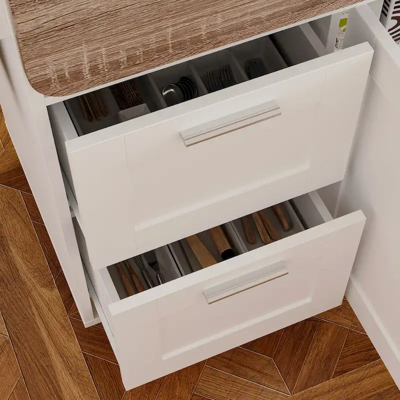 Desserte de cuisine roulante blanche avec plan de travail rabattable, 2 tiroirs et 2 placards