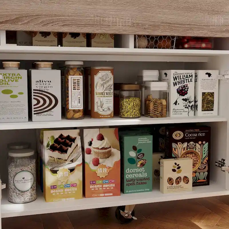 Desserte de cuisine roulante blanche avec plan de travail rabattable, 2 tiroirs et 2 placards