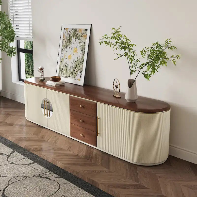 Meuble TV 78,74", placage bois brun et beige, 5 armoires + 3 tiroirs, sans assemblage