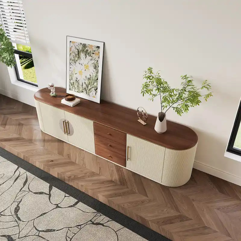 Meuble TV 78,74", placage bois brun et beige, 5 armoires + 3 tiroirs, sans assemblage