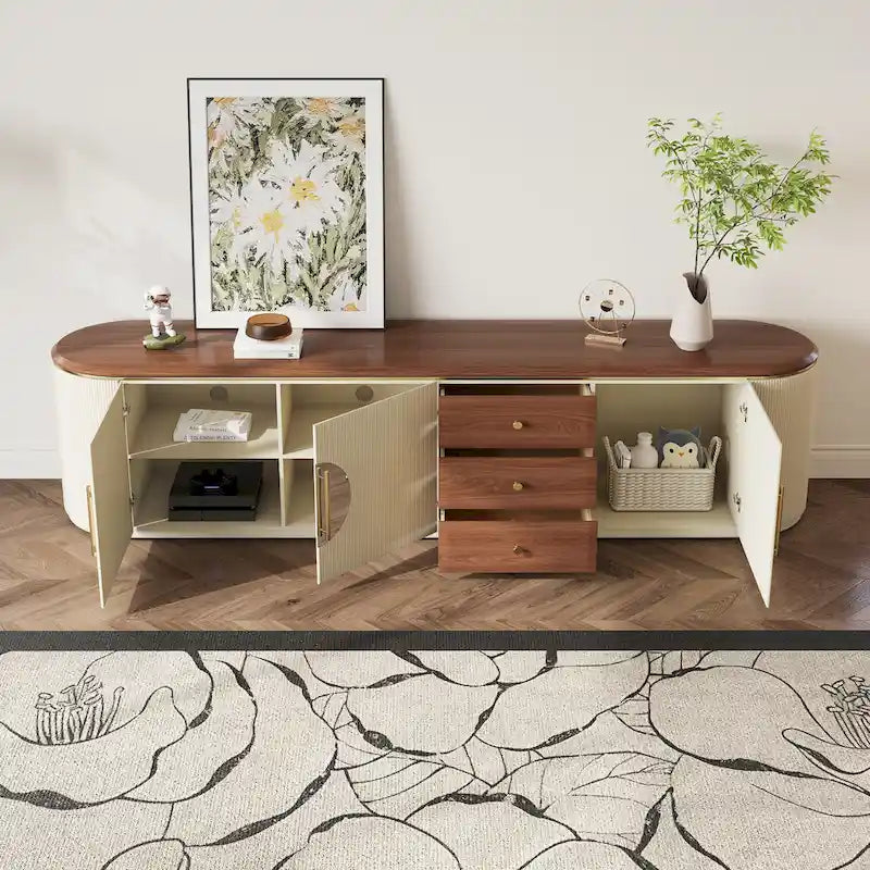 Meuble TV 78,74", placage bois brun et beige, 5 armoires + 3 tiroirs, sans assemblage