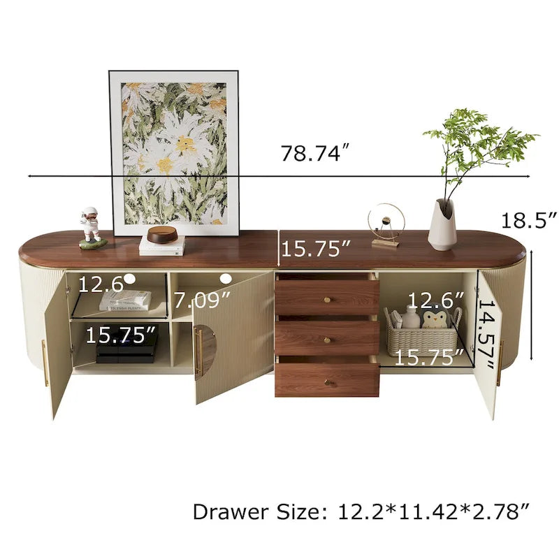 Meuble TV 78,74", placage bois brun et beige, 5 armoires + 3 tiroirs, sans assemblage