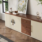 Meuble TV 78,74", placage bois brun et beige, 5 armoires + 3 tiroirs, sans assemblage