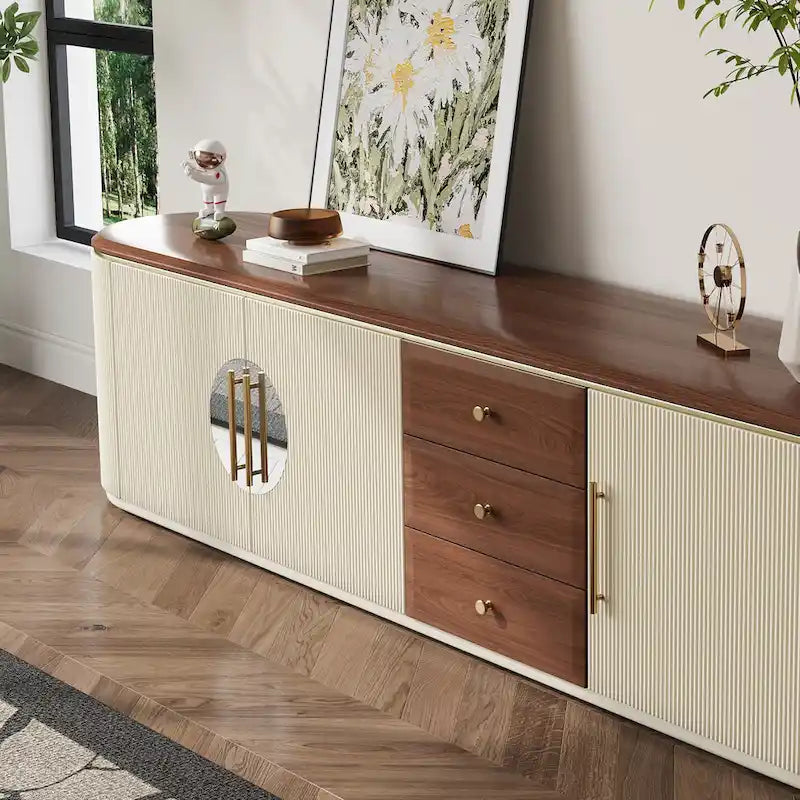 Meuble TV 78,74", placage bois brun et beige, 5 armoires + 3 tiroirs, sans assemblage