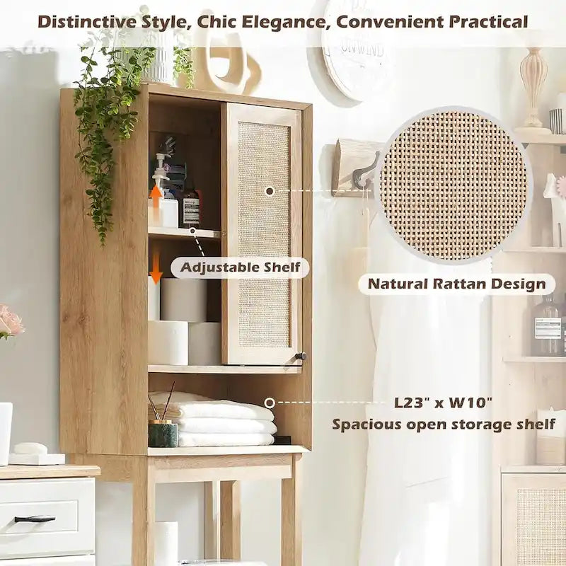 Meuble de rangement sur-WC en rotin et chêne naturel avec étagères réglables