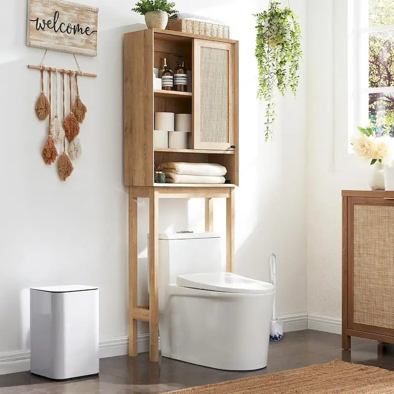 Meuble de rangement sur-WC en rotin et chêne naturel avec étagères réglables