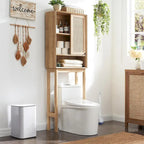 Meuble de rangement sur-WC en rotin et chêne naturel avec étagères réglables
