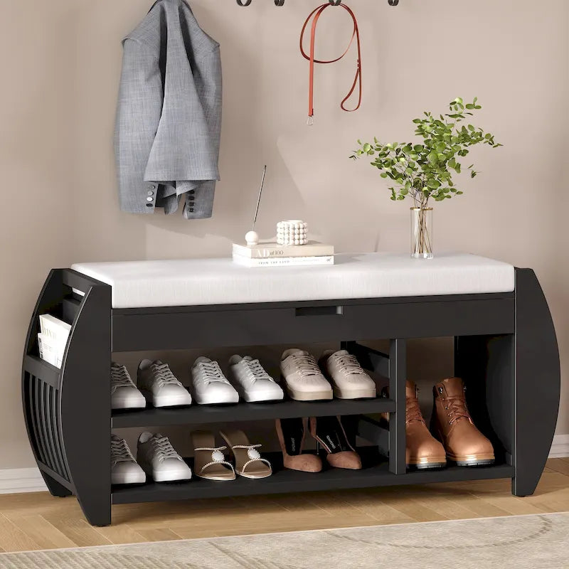 Banc de rangement pour chaussures rembourré avec côtés incurvés, pour 1 personne – Noir / Bleu marine vieilli / Naturel / Espresso / Blanc vieilli
