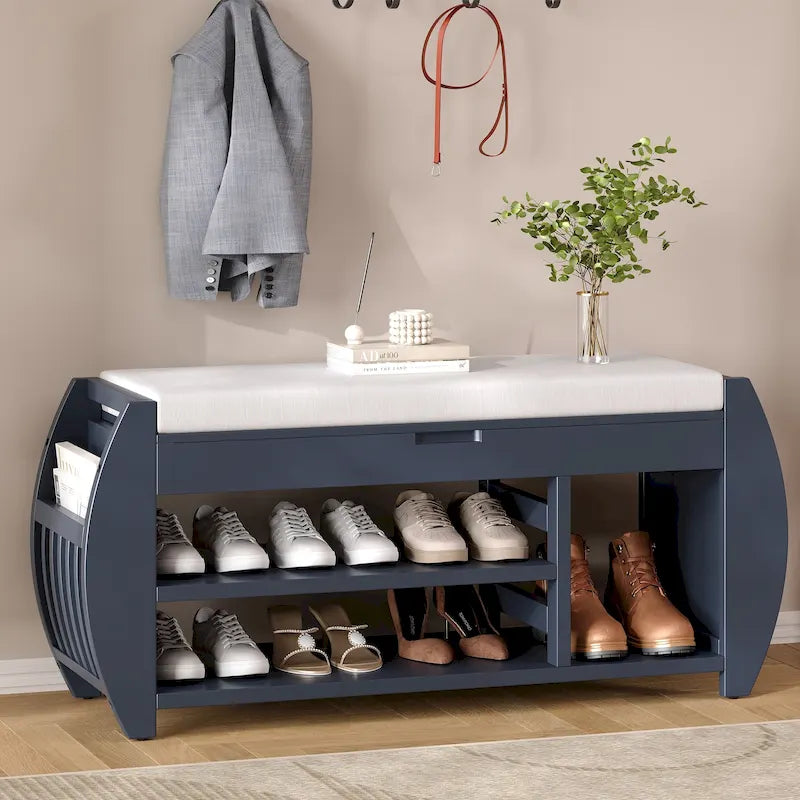 Banc de rangement pour chaussures rembourré avec côtés incurvés, pour 1 personne – Noir / Bleu marine vieilli / Naturel / Espresso / Blanc vieilli
