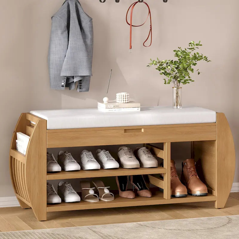 Banc de rangement pour chaussures rembourré avec côtés incurvés, pour 1 personne – Noir / Bleu marine vieilli / Naturel / Espresso / Blanc vieilli