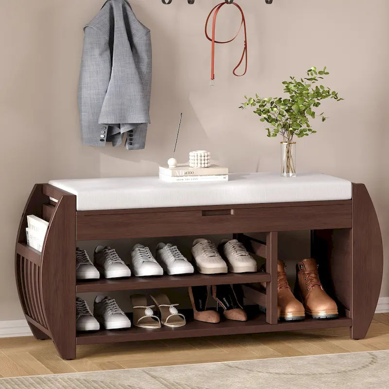 Banc de rangement pour chaussures rembourré avec côtés incurvés, pour 1 personne – Noir / Bleu marine vieilli / Naturel / Espresso / Blanc vieilli