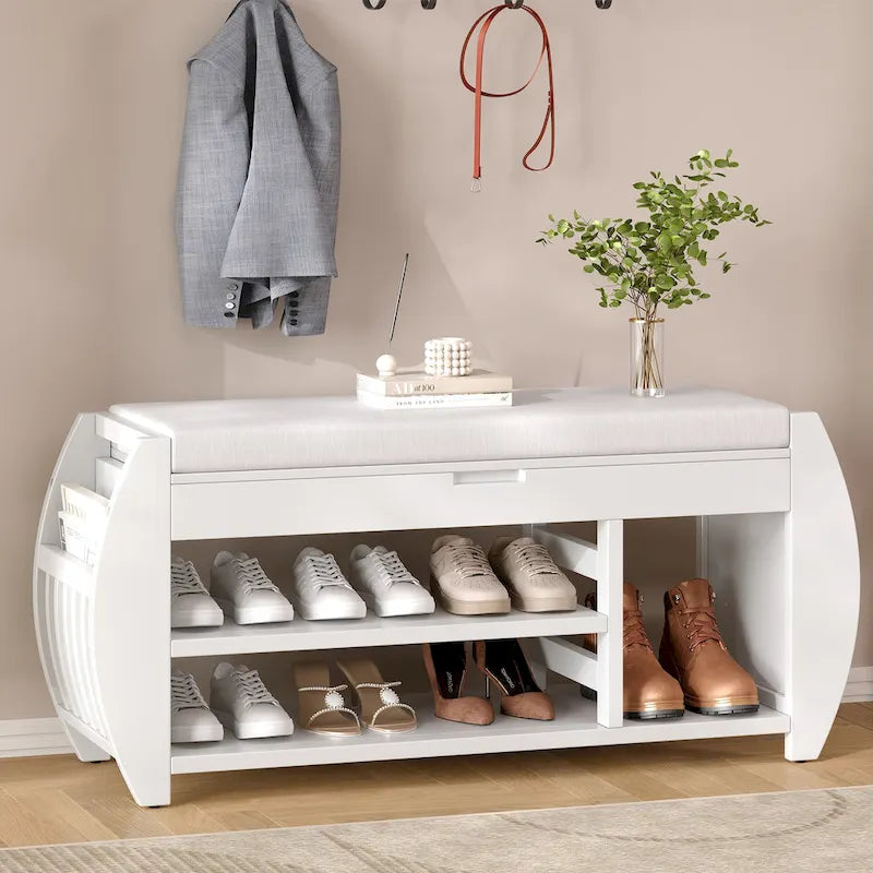 Banc de rangement pour chaussures rembourré avec côtés incurvés, pour 1 personne – Noir / Bleu marine vieilli / Naturel / Espresso / Blanc vieilli