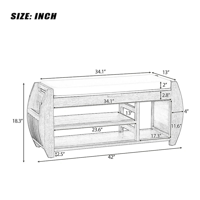 Banc de rangement pour chaussures rembourré avec côtés incurvés, pour 1 personne – Noir / Bleu marine vieilli / Naturel / Espresso / Blanc vieilli