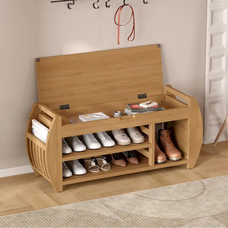 Banc de rangement pour chaussures rembourré avec côtés incurvés, pour 1 personne – Noir / Bleu marine vieilli / Naturel / Espresso / Blanc vieilli