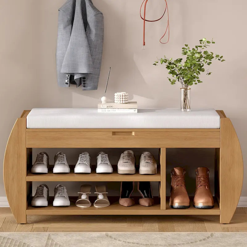 Banc de rangement pour chaussures rembourré avec côtés incurvés, pour 1 personne – Noir / Bleu marine vieilli / Naturel / Espresso / Blanc vieilli