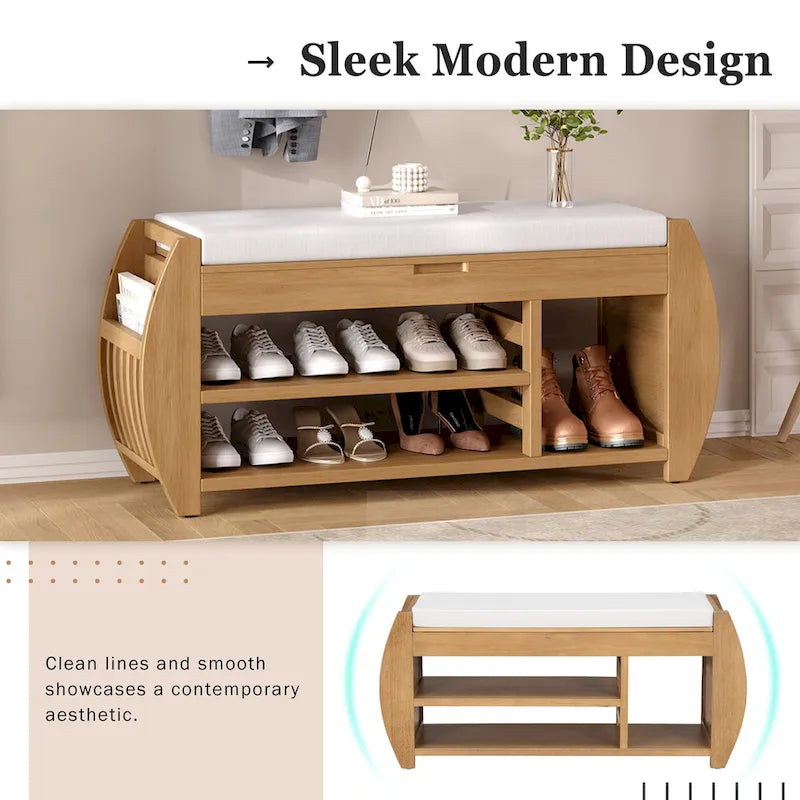 Banc de rangement pour chaussures rembourré avec côtés incurvés, pour 1 personne – Noir / Bleu marine vieilli / Naturel / Espresso / Blanc vieilli