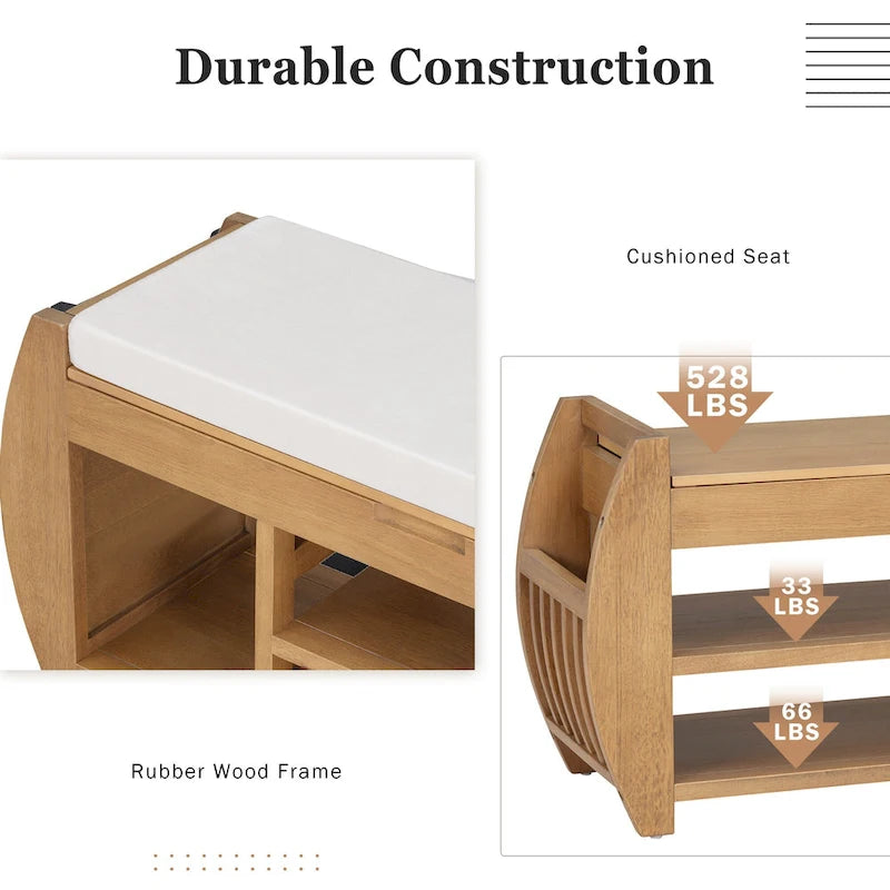 Banc de rangement pour chaussures rembourré avec côtés incurvés, pour 1 personne – Noir / Bleu marine vieilli / Naturel / Espresso / Blanc vieilli
