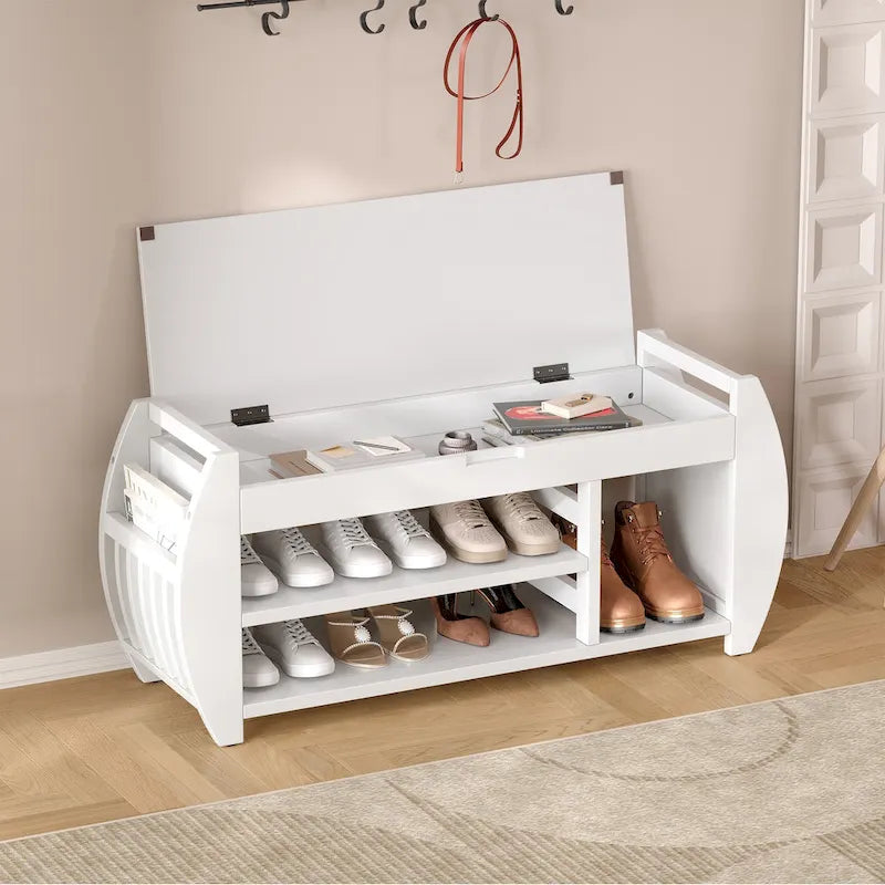 Banc de rangement pour chaussures rembourré avec côtés incurvés, pour 1 personne – Noir / Bleu marine vieilli / Naturel / Espresso / Blanc vieilli