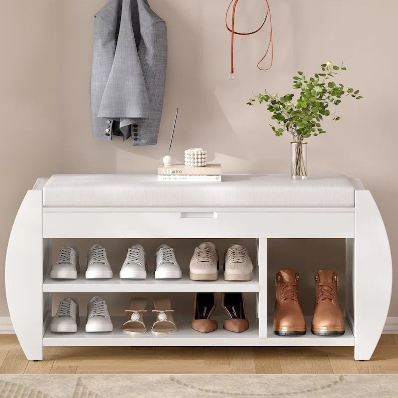 Banc de rangement pour chaussures rembourré avec côtés incurvés, pour 1 personne – Noir / Bleu marine vieilli / Naturel / Espresso / Blanc vieilli