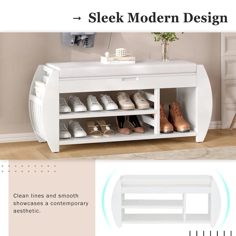 Banc de rangement pour chaussures rembourré avec côtés incurvés, pour 1 personne – Noir / Bleu marine vieilli / Naturel / Espresso / Blanc vieilli