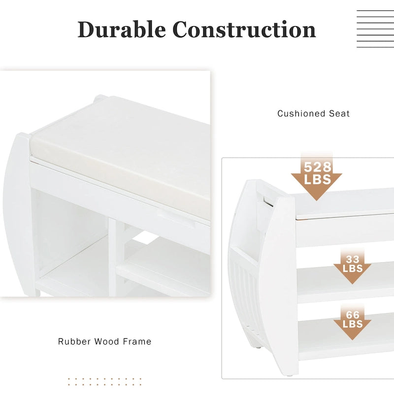 Banc de rangement pour chaussures rembourré avec côtés incurvés, pour 1 personne – Noir / Bleu marine vieilli / Naturel / Espresso / Blanc vieilli
