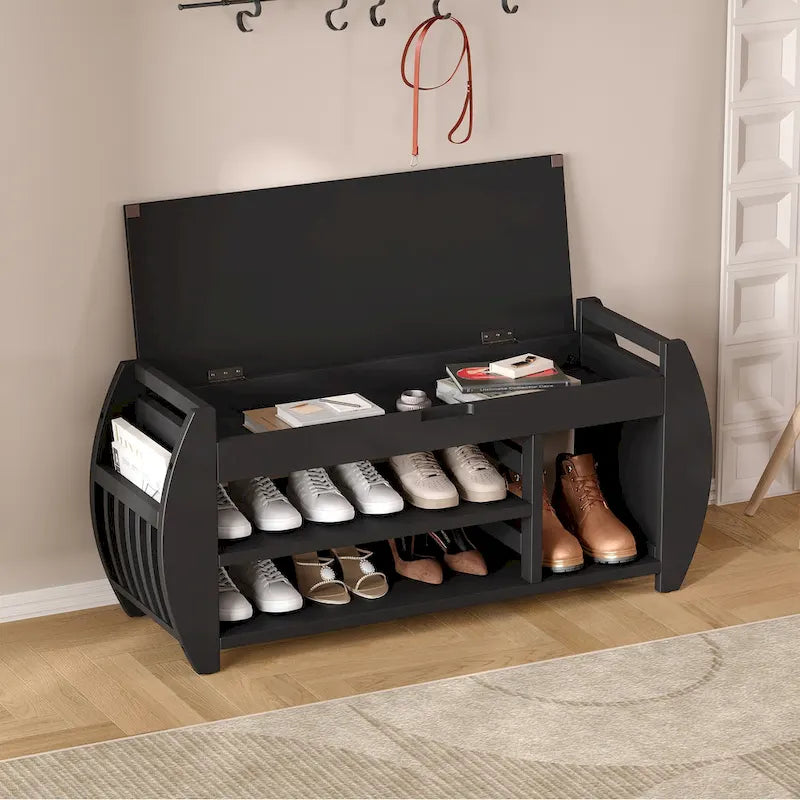Banc de rangement pour chaussures rembourré avec côtés incurvés, pour 1 personne – Noir / Bleu marine vieilli / Naturel / Espresso / Blanc vieilli