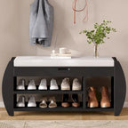 Banc de rangement pour chaussures rembourré avec côtés incurvés, pour 1 personne – Noir / Bleu marine vieilli / Naturel / Espresso / Blanc vieilli
