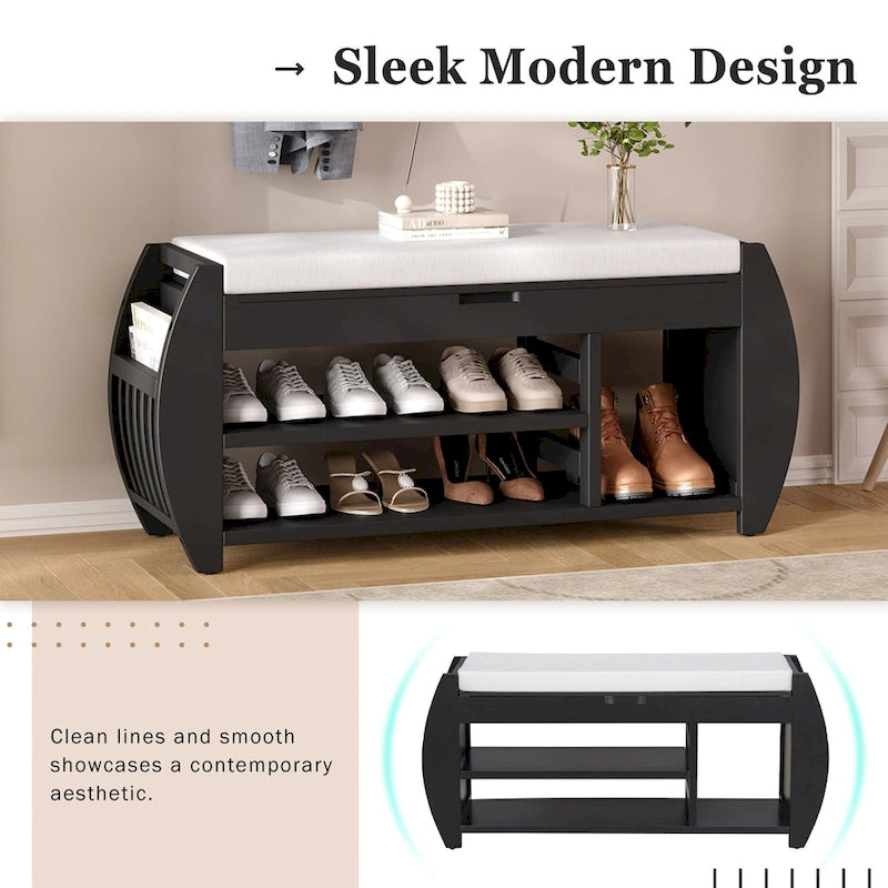 Banc de rangement pour chaussures rembourré avec côtés incurvés, pour 1 personne – Noir / Bleu marine vieilli / Naturel / Espresso / Blanc vieilli