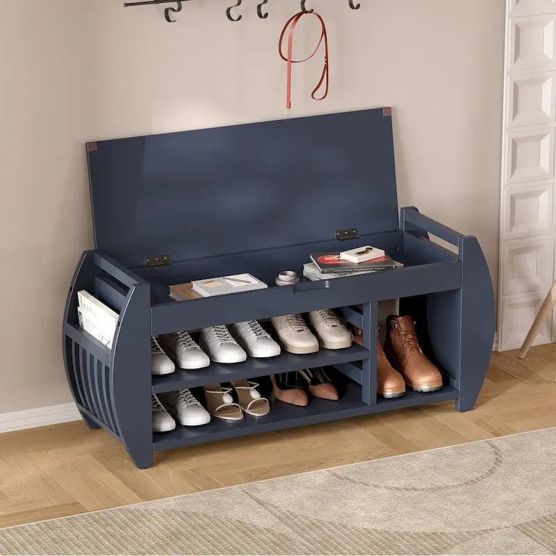 Banc de rangement pour chaussures rembourré avec côtés incurvés, pour 1 personne – Noir / Bleu marine vieilli / Naturel / Espresso / Blanc vieilli