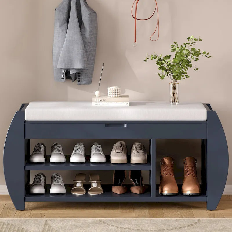 Banc de rangement pour chaussures rembourré avec côtés incurvés, pour 1 personne – Noir / Bleu marine vieilli / Naturel / Espresso / Blanc vieilli