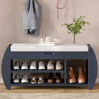 Banc de rangement pour chaussures rembourré avec côtés incurvés, pour 1 personne – Noir / Bleu marine vieilli / Naturel / Espresso / Blanc vieilli