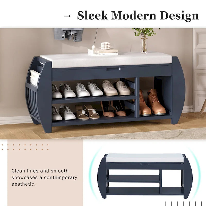 Banc de rangement pour chaussures rembourré avec côtés incurvés, pour 1 personne – Noir / Bleu marine vieilli / Naturel / Espresso / Blanc vieilli