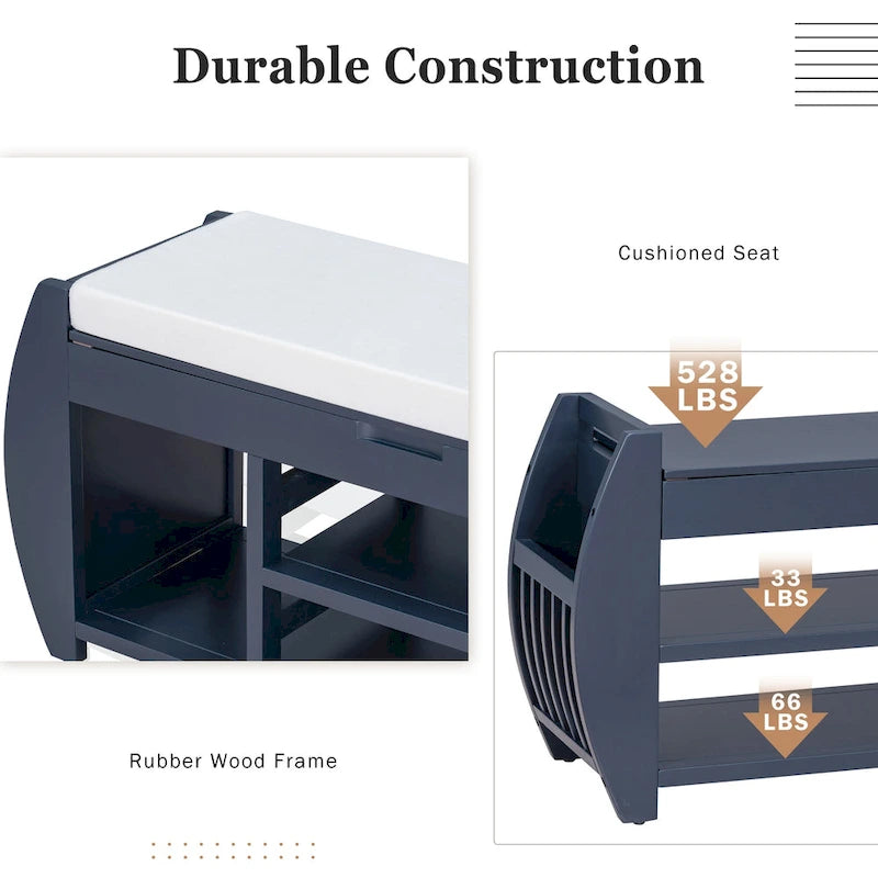 Banc de rangement pour chaussures rembourré avec côtés incurvés, pour 1 personne – Noir / Bleu marine vieilli / Naturel / Espresso / Blanc vieilli