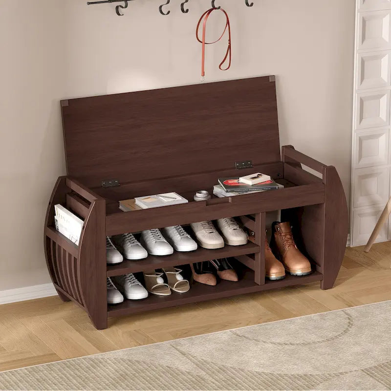 Banc de rangement pour chaussures rembourré avec côtés incurvés, pour 1 personne – Noir / Bleu marine vieilli / Naturel / Espresso / Blanc vieilli