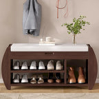 Banc de rangement pour chaussures rembourré avec côtés incurvés, pour 1 personne – Noir / Bleu marine vieilli / Naturel / Espresso / Blanc vieilli