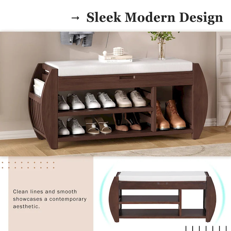 Banc de rangement pour chaussures rembourré avec côtés incurvés, pour 1 personne – Noir / Bleu marine vieilli / Naturel / Espresso / Blanc vieilli